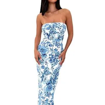 Faretumiya Chic Tube Maxi Dress Women Strapless Low Cut Backless Skinny Long Dress Going Out Formal Wedding Guest Dress(Blue Printed Floral,Medium)