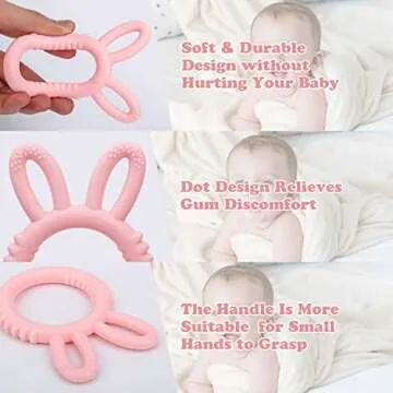 MISSLILI Silicone Babies Teethers Baby Teething Toys for Soothe Massage Sore Gums for 3-12 Months Infants, BPA Free, Easter Gifts for Boys and Girls, Ring Shape Rabbit Ear Design (Pink)