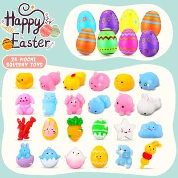 24Pcs Mochi Squishy Toys Filled Easter Eggs with Basket, Stress Reliever Squishies Toys for Kids Eas...