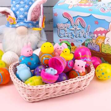 24Pcs Mochi Squishy Toys Filled Easter Eggs with Basket, Stress Reliever Squishies Toys for Kids Easter Eggs Hunt, Easter Basket Stuffers Fillers, Easter Party Favors Classroom Prize Supplies