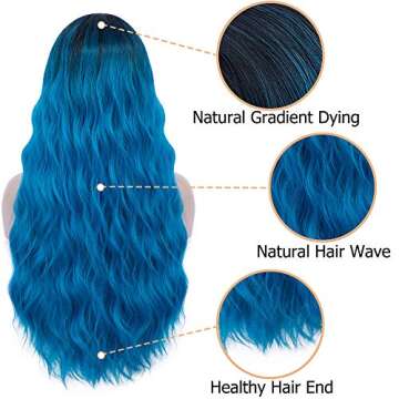 Mildiso Blue Wigs for Women 26" Long Ombre Blue Wig with Wig Cap Curly Wavy Blue Mermaid Wig Natural...