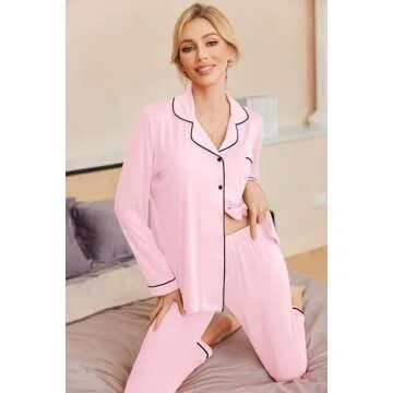 Ekouaer Pajamas Women's Long Sleeve Sleepwear Soft Button Down Loungewear Pjs Lounge Set Nightwear,Pink,Medium