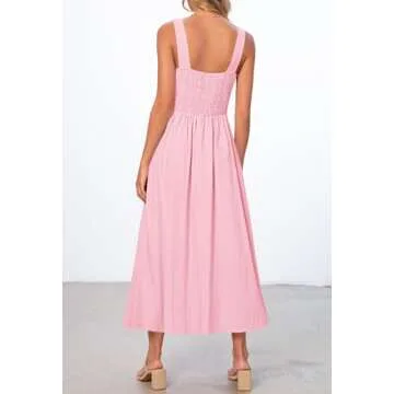 MEROKEETY Women's 2025 Summer Sleeveless Midi Dress Square Neck Smocked Flowy A Line Beach Dresses, LightPink, Small