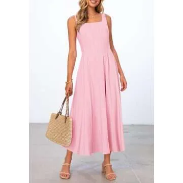 MEROKEETY Women's 2025 Summer Sleeveless Midi Dress Square Neck Smocked Flowy A Line Beach Dresses, LightPink, Small