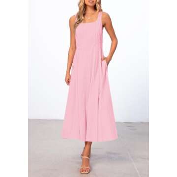 MEROKEETY Women's 2025 Summer Sleeveless Midi Dress Square Neck Smocked Flowy A Line Beach Dresses, LightPink, Small