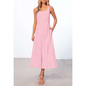 MEROKEETY Women's 2025 Summer Sleeveless Midi Dress Square Neck Smocked Flowy A Line Beach Dresses, LightPink, Small