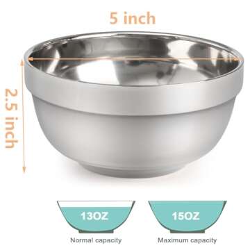 yarlung 10 Pack Stainless Steel Bowls 5 Inch Snacks Bowls, 15 Oz Soup Bowls Lightweight Salad Bowls Double-walled Metal Serving Dishes for Sauces, Rice, Noodle, Ice Cream