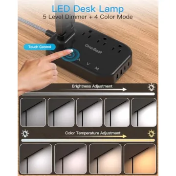 Power Strip with LED Desk Lamp, 3 Outlets 4 USB Ports(2 USBC) 4 Modes 5 Level Touch Lamp Small Desk ...
