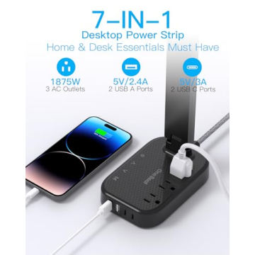 LED Desk Lamp with Power Strip, Touch Control & USB Ports