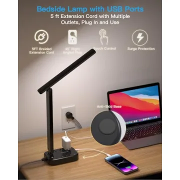LED Desk Lamp with Power Strip, Touch Control & USB Ports