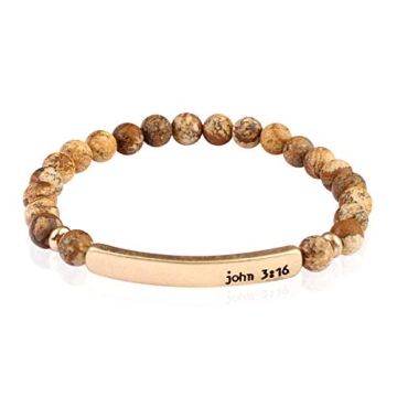 RIAH FASHION Cross Metallic Bar Beaded Stretch Bracelet - Religious Christian Strand Natural Stone, ...