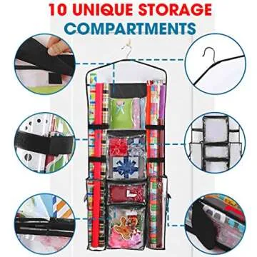 ProPik Hanging Double-Sided Gift Wrap Organizer, Wrapping Paper Storage with Multiple Front and Back Pockets, Organize Your Gift Bags Bows Ribbons 40”X17" Fits 40 Inch Rolls (Black seam)
