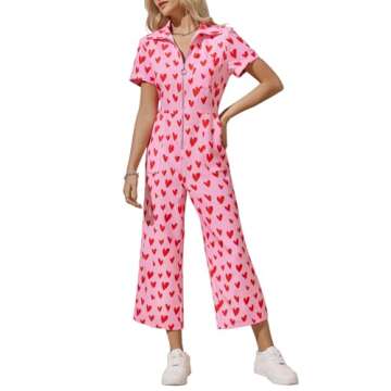 Zwurew Valentine's Day Women's Short Sleeve Jumpsuits Love Heart Graphic Zip Up Long Pants Romper wi...