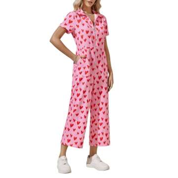 Zwurew Valentine's Day Women's Short Sleeve Jumpsuits Love Heart Graphic Zip Up Long Pants Romper with Pockets