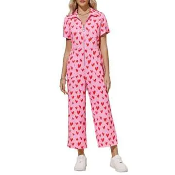 Zwurew Valentine's Day Women's Short Sleeve Jumpsuits Love Heart Graphic Zip Up Long Pants Romper with Pockets