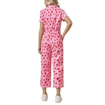 Zwurew Valentine's Day Women's Short Sleeve Jumpsuits Love Heart Graphic Zip Up Long Pants Romper with Pockets