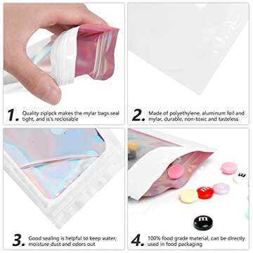 Funfery 100 pcs White Smell Proof Mylar Holographic Bags Packaging Bags,Clear Window Resealable Odor Proof Bags Foil Pouch Ziplock Bags for Food Storage,Jewelry,Lash Small Business Packing (3.5x6.3In)