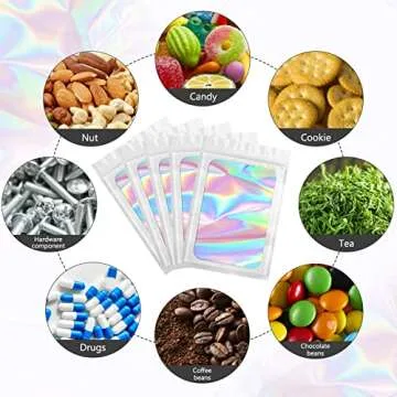 Funfery 100 pcs White Smell Proof Mylar Holographic Bags Packaging Bags,Clear Window Resealable Odor Proof Bags Foil Pouch Ziplock Bags for Food Storage,Jewelry,Lash Small Business Packing (3.5x6.3In)