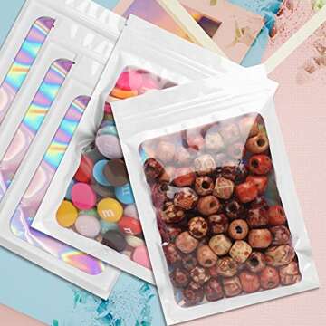 Funfery 100 pcs White Smell Proof Mylar Holographic Bags Packaging Bags,Clear Window Resealable Odor Proof Bags Foil Pouch Ziplock Bags for Food Storage,Jewelry,Lash Small Business Packing (3.5x6.3In)