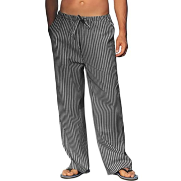 COOFANDY Mens Cotton Linen Cotton Loose Casual Lightweight Elastic Waist Striped Pants