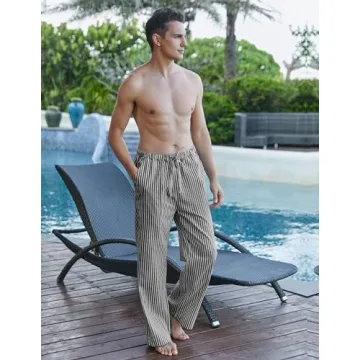 COOFANDY Mens Cotton Linen Cotton Loose Casual Lightweight Elastic Waist Striped Pants
