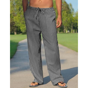 COOFANDY Mens Cotton Linen Cotton Loose Casual Lightweight Elastic Waist Striped Pants