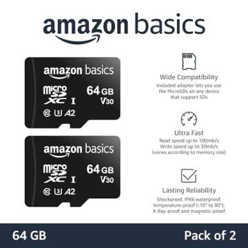 Amazon Basics MicroSDXC UHS-I Class 10 Memory Card with Full Size Adapter, A2, U3, V30, 4K, Read Spe...