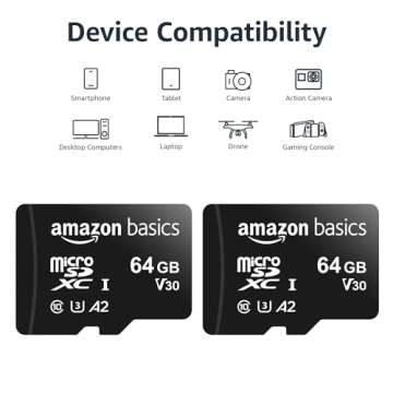 Amazon Basics MicroSDXC UHS-I Class 10 Memory Card with Full Size Adapter, A2, U3, V30, 4K, Read Speed up to 100 MB/s, 64 GB (2pack), for GoPro Cameras Storage, Black