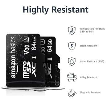 Amazon Basics MicroSDXC UHS-I Class 10 Memory Card with Full Size Adapter, A2, U3, V30, 4K, Read Speed up to 100 MB/s, 64 GB (2pack), for GoPro Cameras Storage, Black