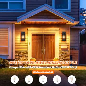 Matte Black Outdoor Wall Lights - 2 Pack Waterproof Sconces with Clear Glass Shade, Anti-Rust E26 Socket for Porch, Entryway, Patio, Garage