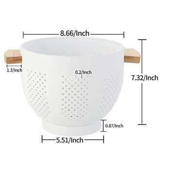 Metal Colander with Wood Handle and Stable Base, Powder Coated Steel Kitchen Strainer Basket for Dra...