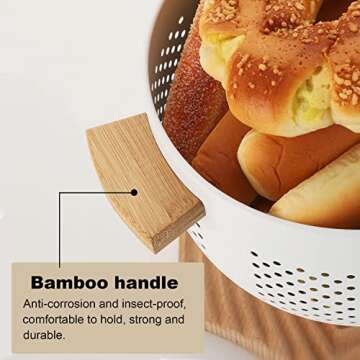 Metal Colander with Wood Handle and Stable Base, Powder Coated Steel Kitchen Strainer Basket for Draining Pasta, Vegetable and fruit (5.5quart,Matte White)