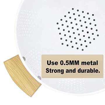 Metal Colander with Wood Handle and Stable Base, Powder Coated Steel Kitchen Strainer Basket for Draining Pasta, Vegetable and fruit (5.5quart,Matte White)