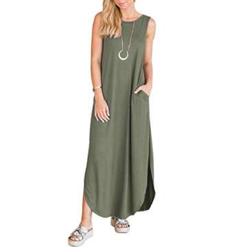 Prinbara Women's Maxi Dress Summer Casual Long Subdress Sleeveless Split Loose Trendy Beach Dresses Olive Large