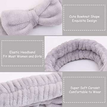 AiMHariacc Facial Bow Head band for Girls Washing Spa Headband Face Skincare Shower Fluffy Towel Headbands, Soft Microfiber Makeup Women Coral Fleece Face Mask Hair Band 2 Pack (Pink+Gray)