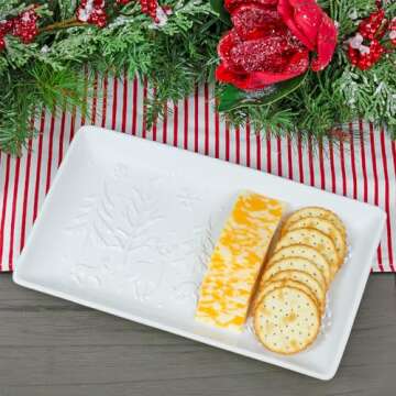 AuldHome Design Reindeer Christmas Tree Platter; Ceramic Embossed White Serving Tray