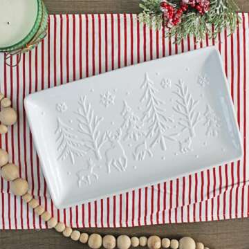 AuldHome Design Reindeer Christmas Tree Platter; Ceramic Embossed White Serving Tray