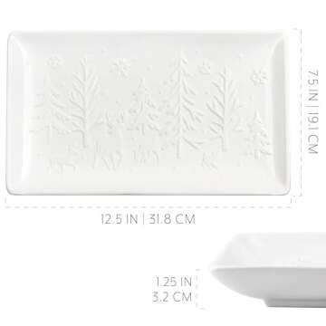 AuldHome Design Reindeer Christmas Tree Platter; Ceramic Embossed White Serving Tray