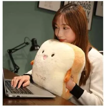 Goylmc Toast Bread Plush Pillow, Bread Stuffed Pillow,Food Plush Pillow with Hand Pocket Great Gift Choice for Kids Adults (15.7 * 13.7 in,Happy)