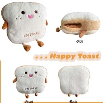 Goylmc Toast Bread Plush Pillow, Bread Stuffed Pillow,Food Plush Pillow with Hand Pocket Great Gift Choice for Kids Adults (15.7 * 13.7 in,Happy)