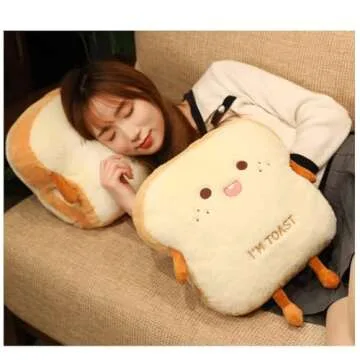 Goylmc Toast Bread Plush Pillow, Bread Stuffed Pillow,Food Plush Pillow with Hand Pocket Great Gift Choice for Kids Adults (15.7 * 13.7 in,Happy)