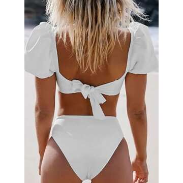 Dokotoo Women's Bikini Swimsuits Ladies Bubble Sleeves Tie Waist Back Bandeau High Waisted Bikini Set Cute Solid Padded Two Pieces Bathing Suit Bikinis for Women White Large
