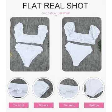 Dokotoo Women's Bikini Swimsuits Ladies Bubble Sleeves Tie Waist Back Bandeau High Waisted Bikini Set Cute Solid Padded Two Pieces Bathing Suit Bikinis for Women White Large