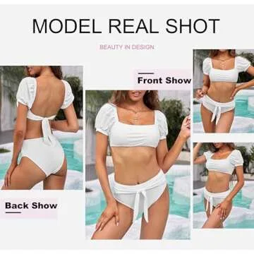 Dokotoo Women's Bikini Swimsuits Ladies Bubble Sleeves Tie Waist Back Bandeau High Waisted Bikini Set Cute Solid Padded Two Pieces Bathing Suit Bikinis for Women White Large