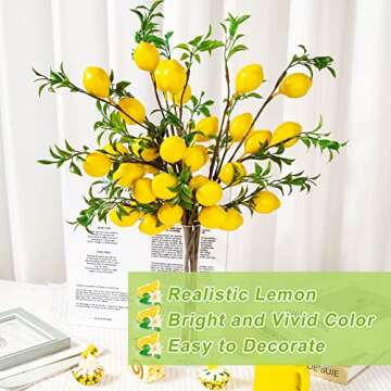 TORINALITAL 4Pcs Artificial Lemons Branch, 19 Inch Vivid Yellow Fake Lemons Branch with Green Leaf and Adjustable Branch, Lemon Decor for Home Kitchen, Graden, Desk, Party Decorations