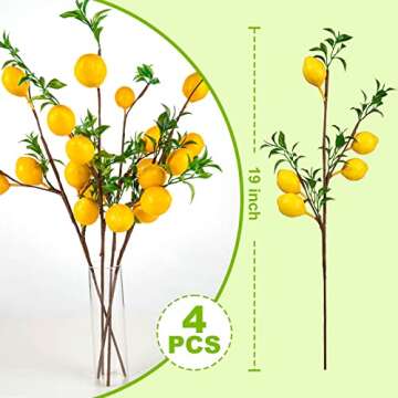 TORINALITAL 4Pcs Artificial Lemons Branch, 19 Inch Vivid Yellow Fake Lemons Branch with Green Leaf and Adjustable Branch, Lemon Decor for Home Kitchen, Graden, Desk, Party Decorations