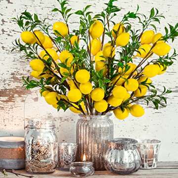 TORINALITAL 4Pcs Artificial Lemons Branch, 19 Inch Vivid Yellow Fake Lemons Branch with Green Leaf and Adjustable Branch, Lemon Decor for Home Kitchen, Graden, Desk, Party Decorations