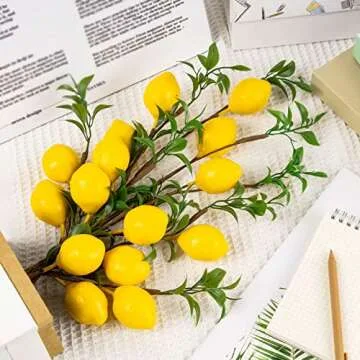 TORINALITAL 4Pcs Artificial Lemons Branch, 19 Inch Vivid Yellow Fake Lemons Branch with Green Leaf and Adjustable Branch, Lemon Decor for Home Kitchen, Graden, Desk, Party Decorations