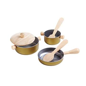 PlanToys Wooden and Metal Cooking Utensils, Pots, & Pans Kitchen Playset (3413) | Sustainably Made from Rubberwood and Non-Toxic Paints and Dyes