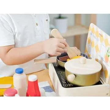 PlanToys Wooden and Metal Cooking Utensils, Pots, & Pans Kitchen Playset (3413) | Sustainably Made from Rubberwood and Non-Toxic Paints and Dyes